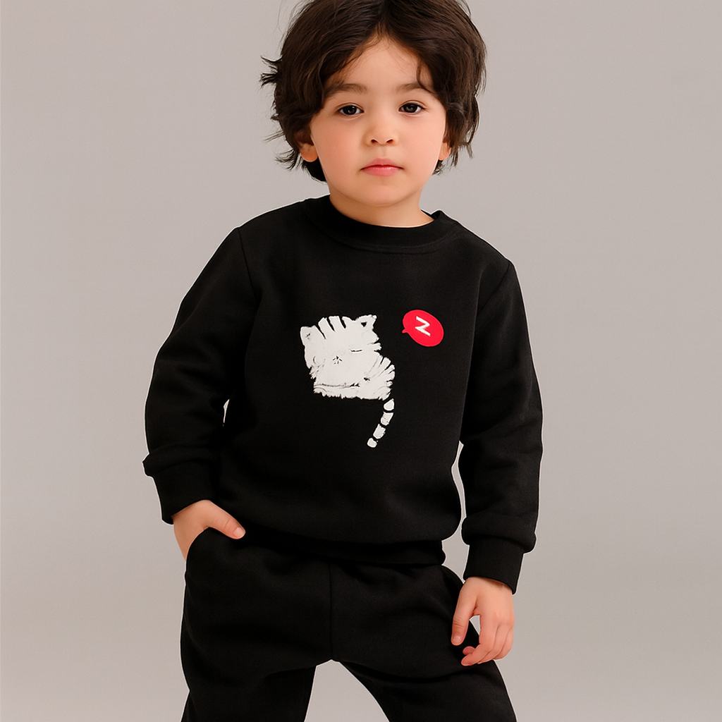 Black Cat Printed Kids Tracksuit | Winter Fleece Sweatshirt & Trouser Set for Boys & Girls – Warm, Cozy & Stylish Outfit FOR BABY AND KIDS