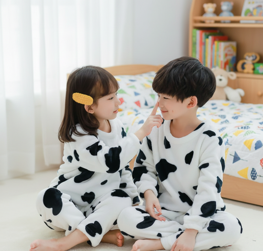 Ultra-Soft Fleece Kids Cow Print Pajamas | Plush Flannel Winter Loungewear Set for Boys & Girls