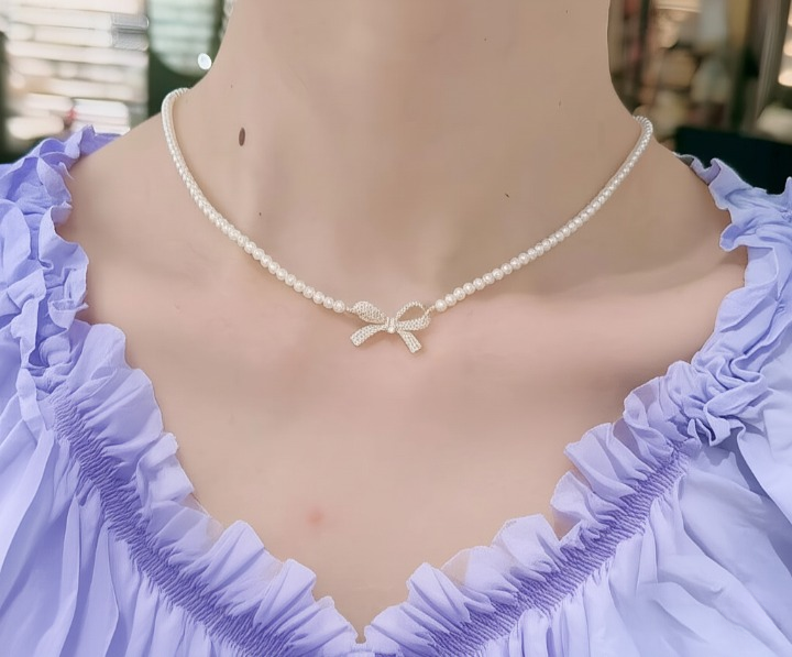 PQT-992 - Bow Shape Pearl Pendant Necklace for Women – Dainty Jewelry with Sparkling Bow Design | Available in Silver & Golden Finish | Perfect Gift for Weddings, Parties & Everyday Glamour