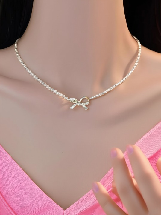 PQT-992 - Bow Shape Pearl Pendant Necklace for Women – Dainty Jewelry with Sparkling Bow Design | Available in Silver & Golden Finish | Perfect Gift for Weddings, Parties & Everyday Glamour
