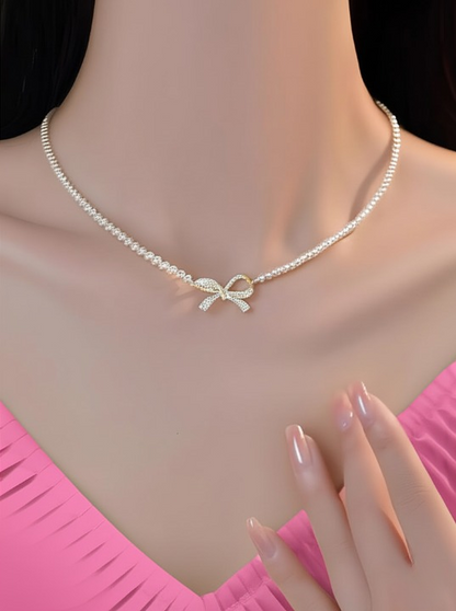 PQT-992 - Bow Shape Pearl Pendant Necklace for Women – Dainty Jewelry with Sparkling Bow Design | Available in Silver & Golden Finish | Perfect Gift for Weddings, Parties & Everyday Glamour