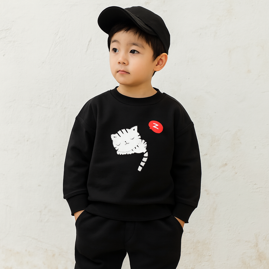 Black Cat Printed Kids Tracksuit | Winter Fleece Sweatshirt & Trouser Set for Boys & Girls – Warm, Cozy & Stylish Outfit FOR BABY AND KIDS