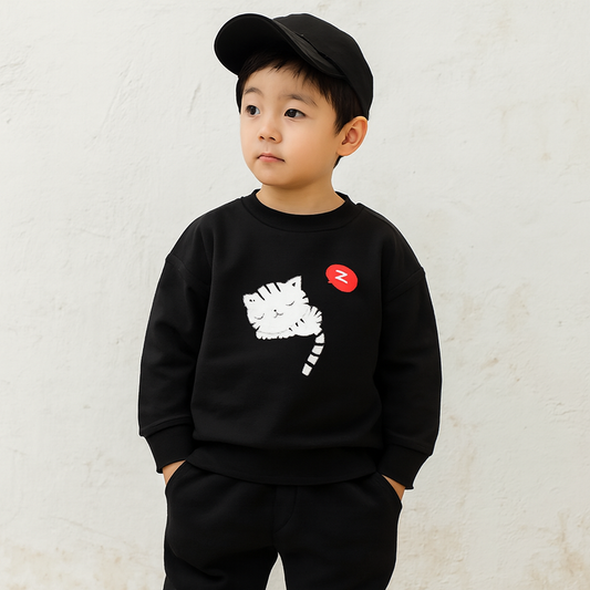 Black Cat Printed Kids Tracksuit | Winter Fleece Sweatshirt & Trouser Set for Boys & Girls – Warm, Cozy & Stylish Outfit FOR BABY AND KIDS